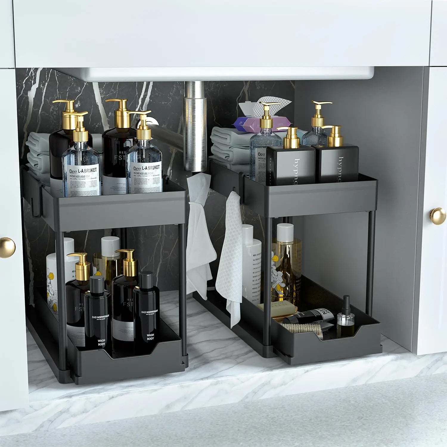 2 Pack Under Sink Organizer – Sliding 2 Tier Bathroom Cabinet Basket