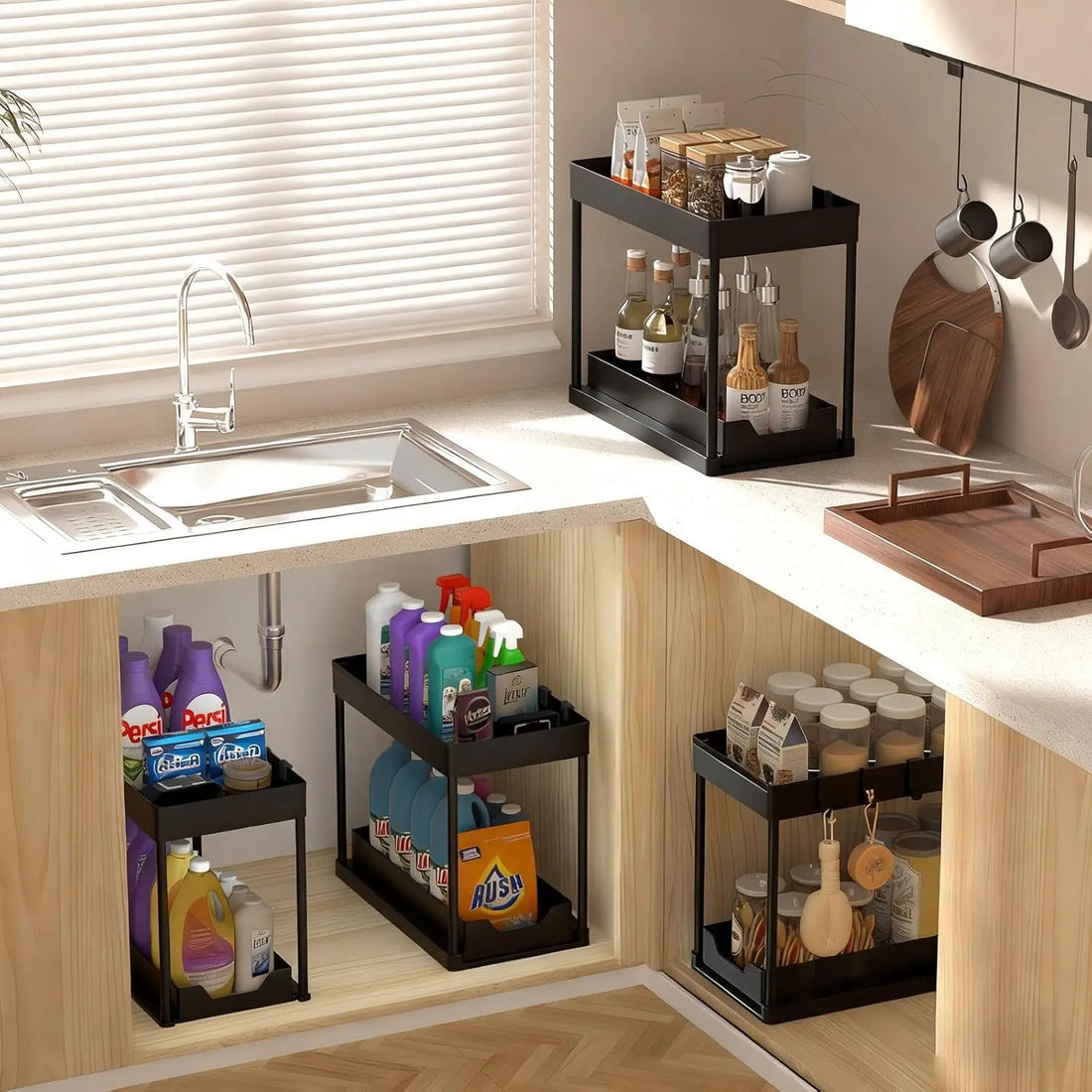 2 Pack Under Sink Organizer – Sliding 2 Tier Bathroom Cabinet Basket