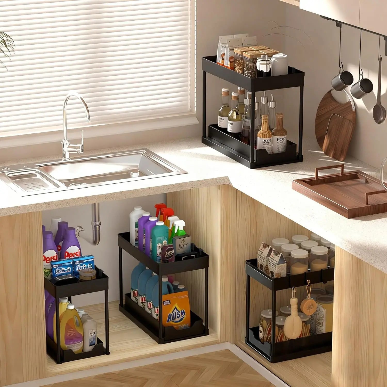 2 Pack Under Sink Organizer – Sliding 2 Tier Bathroom Cabinet Basket