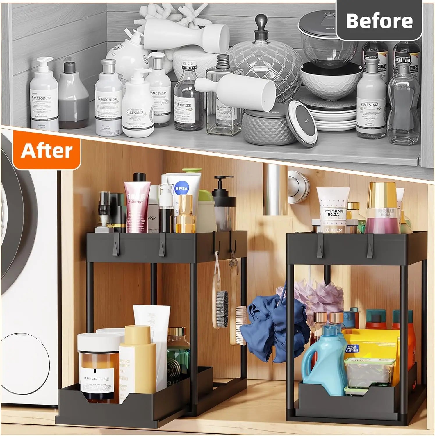2 Pack Under Sink Organizer – Sliding 2 Tier Bathroom Cabinet Basket