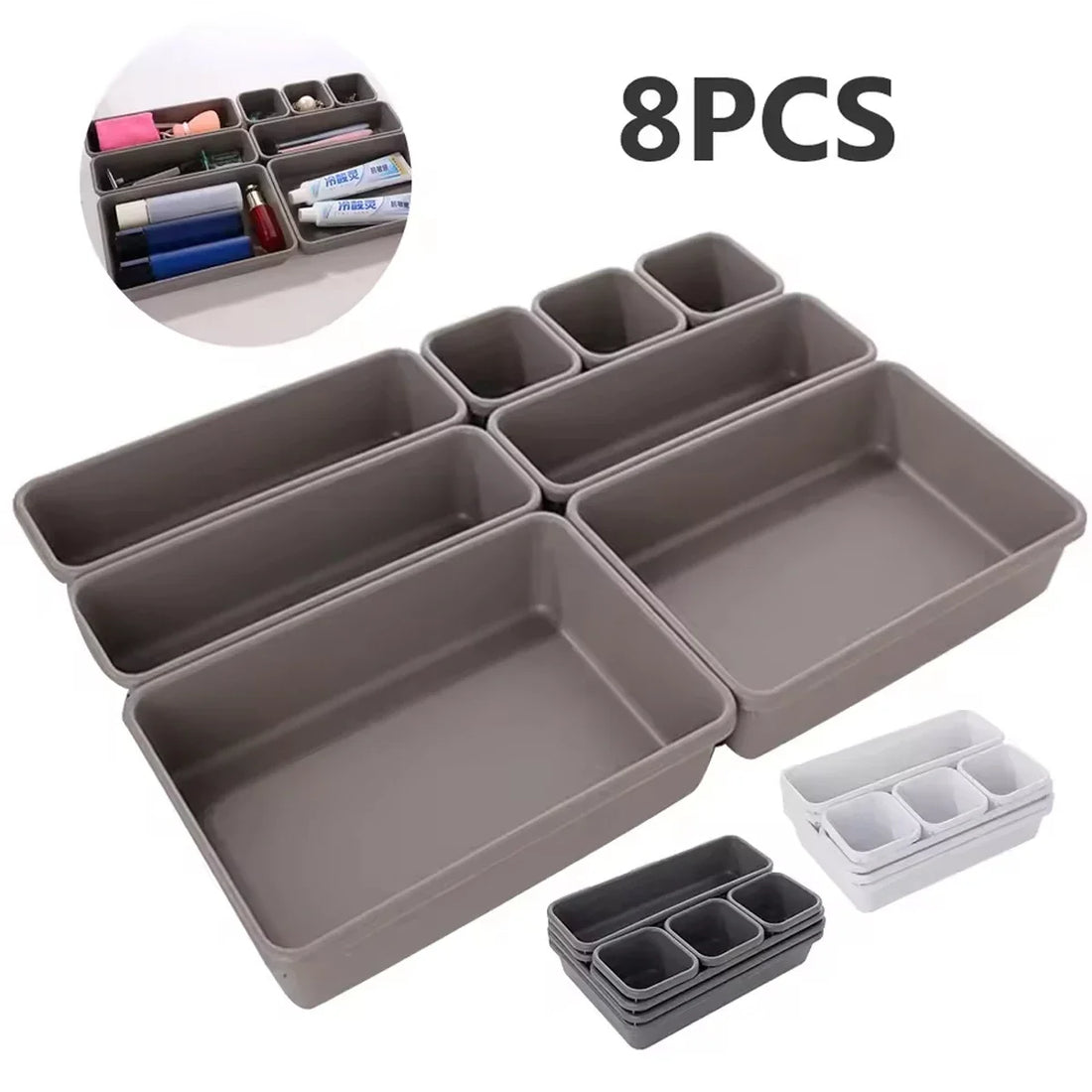 8pc Adjustable Drawer Organizer – Makeup & Kitchen Divider Tray Set